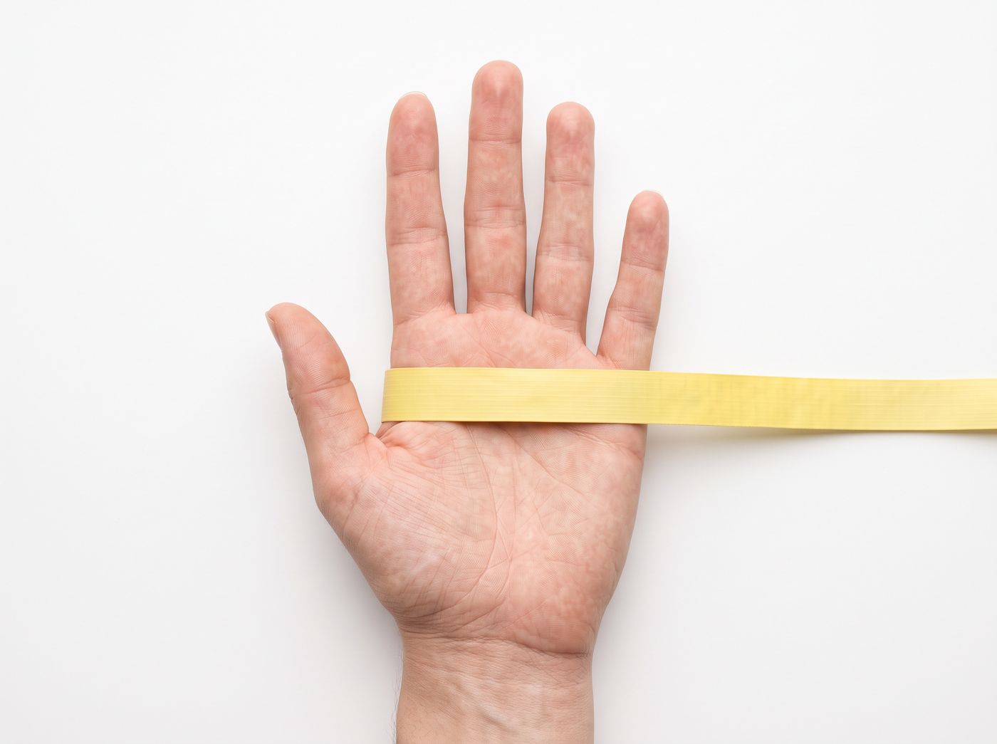 Measuring across the knuckles of an open hand with a tape measure